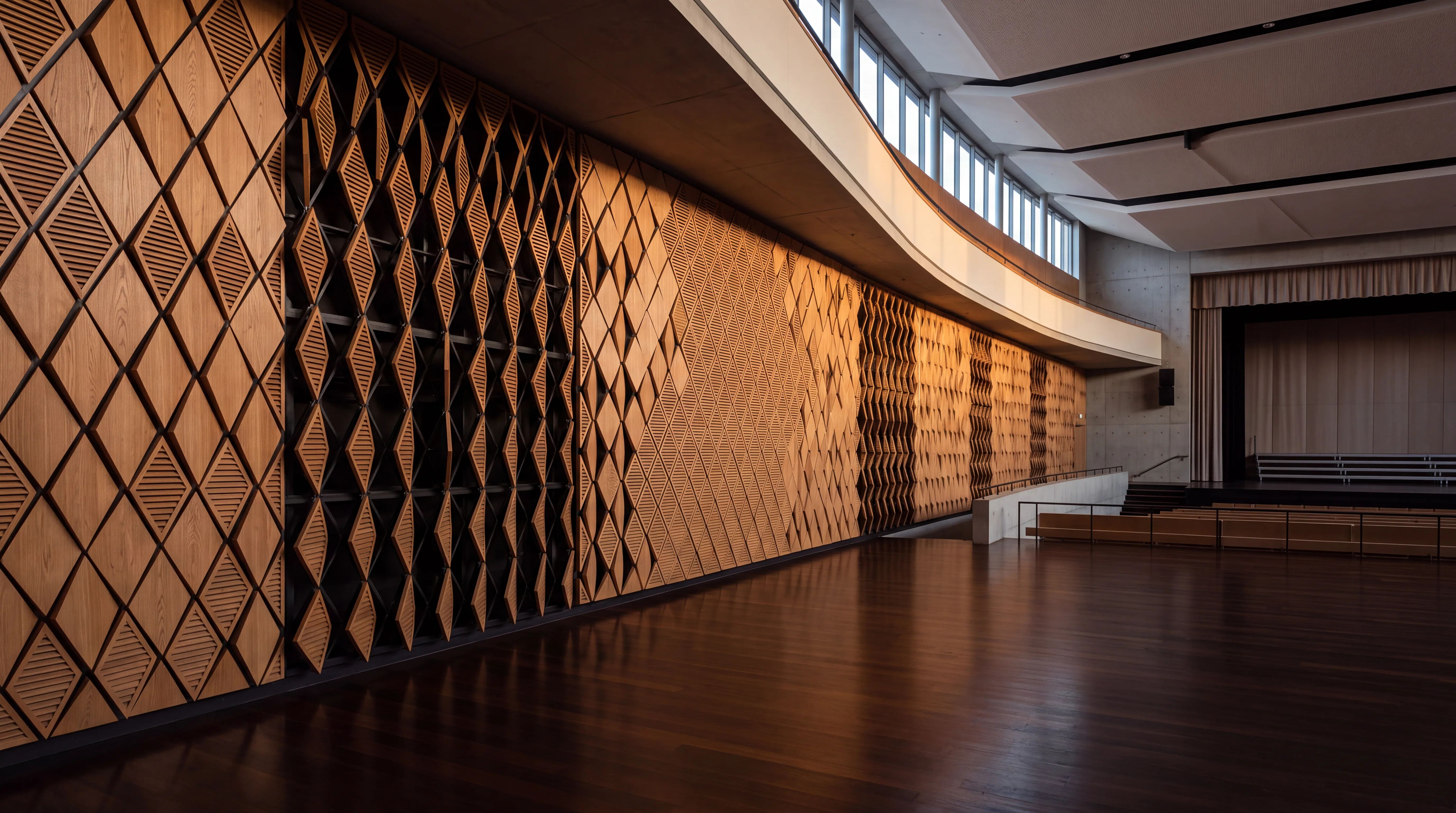 A long hall wall of oak acoustic panels in a diamond pattern, some sections opened