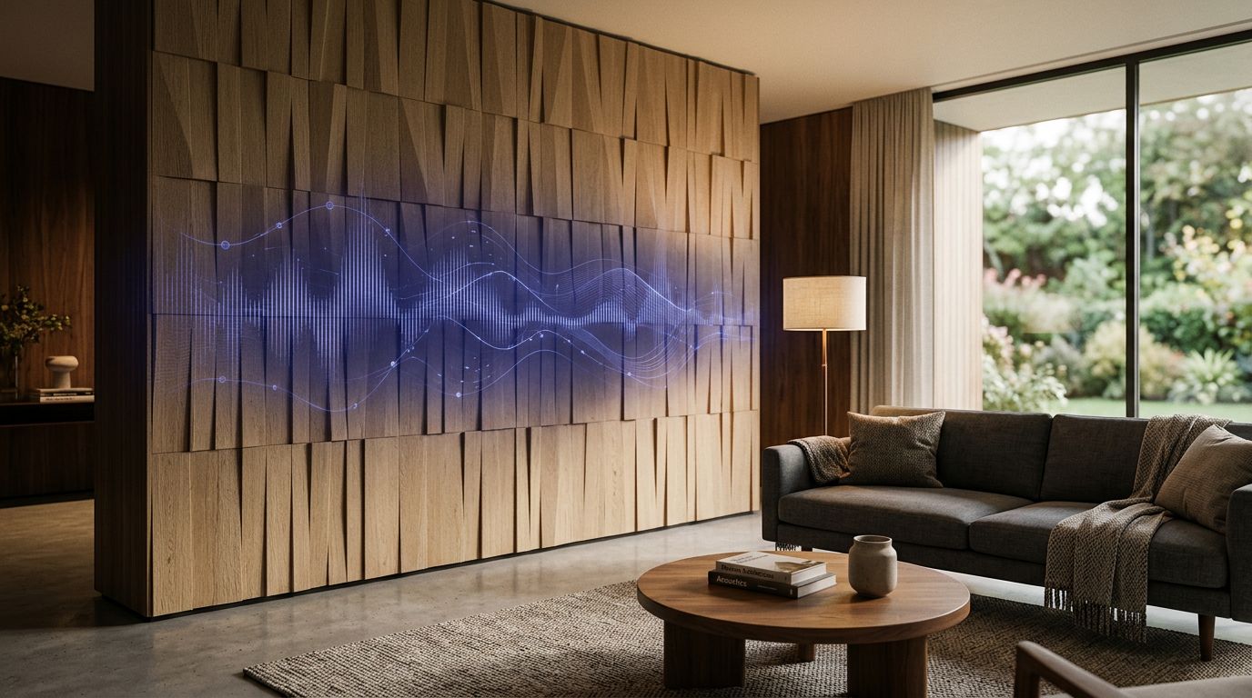An interior room with a textured acoustic surface panel